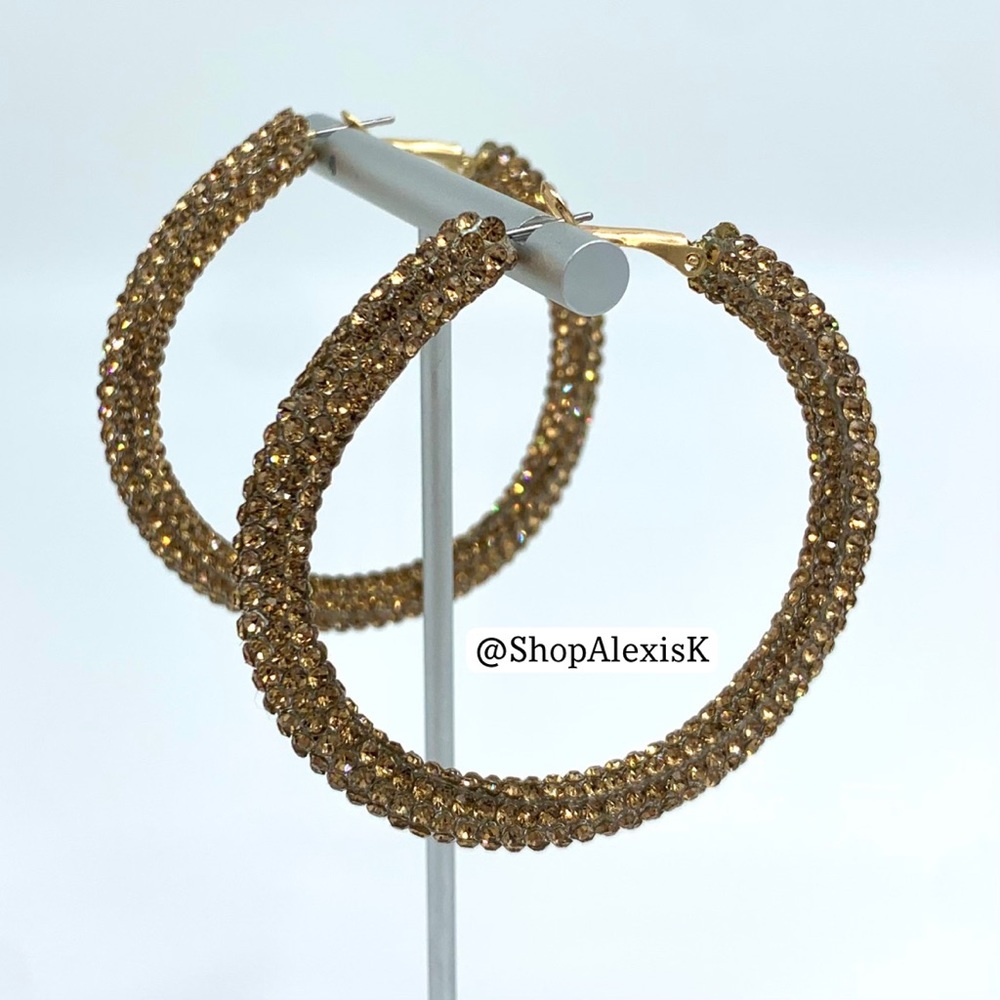 Lightweight Rhinestone Hoop Earrings - Gold - Picture 2 of 7
